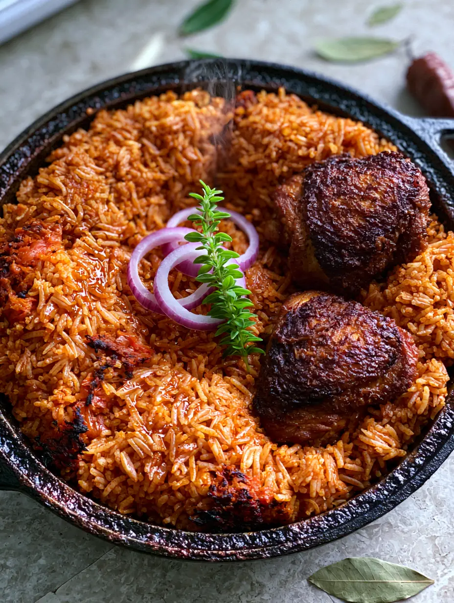 Close-up of orange-red glistening Jollof rice grains with charred pepper bits and seared chicken. (Jollof Rice Recipe)