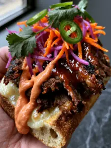 Close-up of a Korean Steak Sandwich with charred ribeye, pickled purple onions, and bright green cilantro on a toasted baguette.
