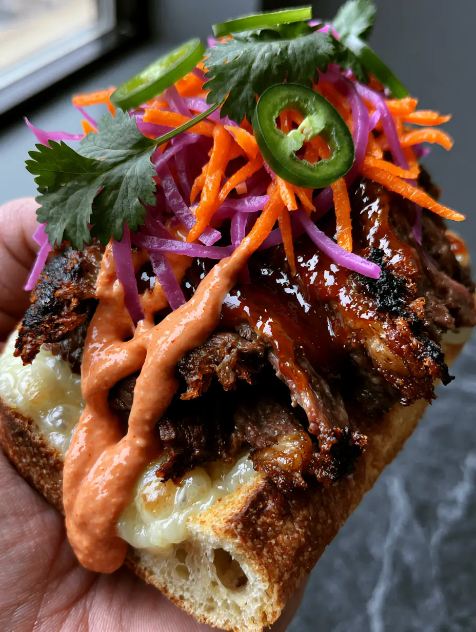 Close-up of a Korean Steak Sandwich with charred ribeye, pickled purple onions, and bright green cilantro on a toasted baguette.