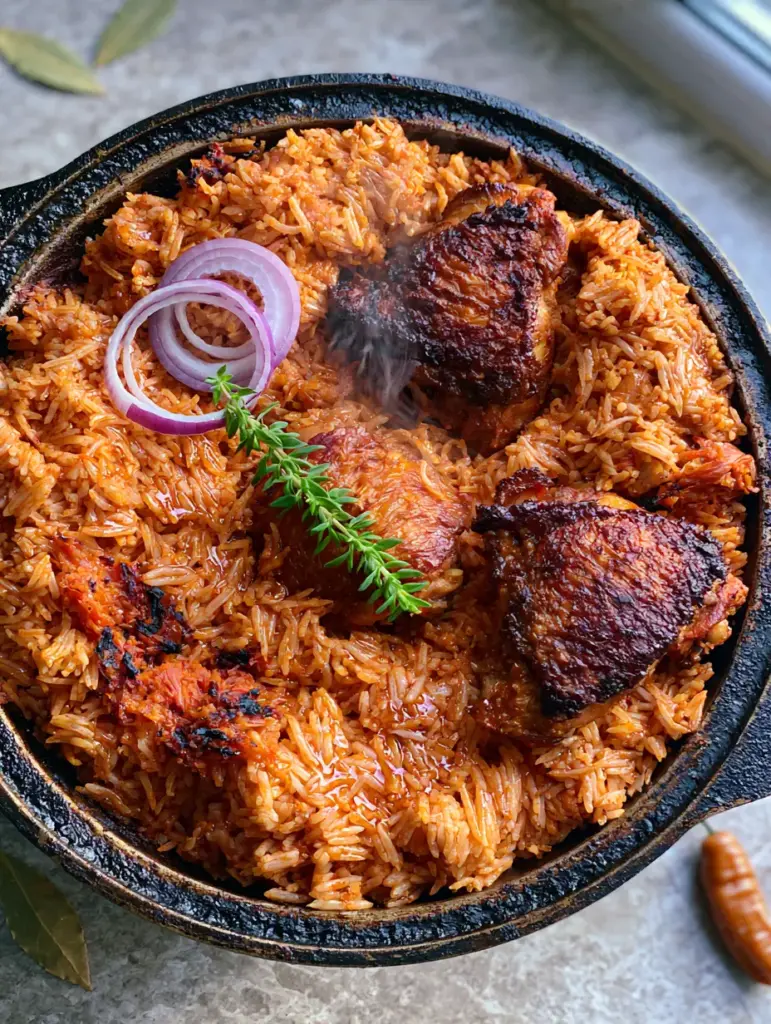 Nigerian Jollof rice served in a cast iron pot with steam vapors and fresh garnishes on a stone countertop.