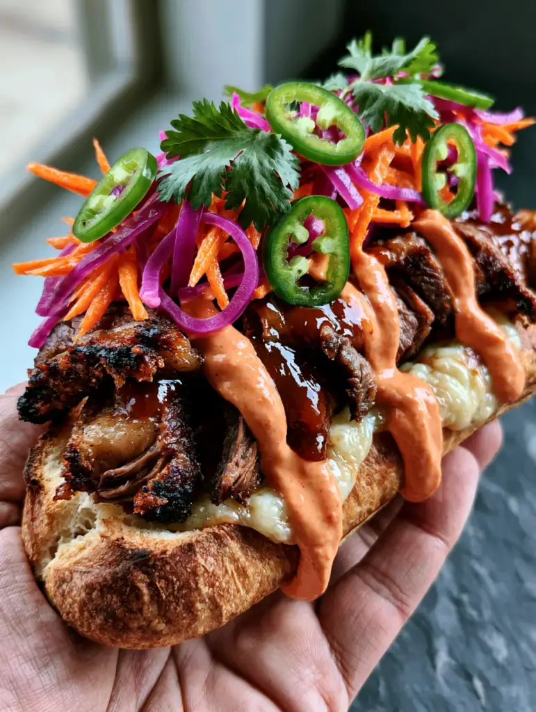 Smartphone photo of a Korean Steak Sandwich held in a hand, showing thick amber glaze and creamy coral sauce.