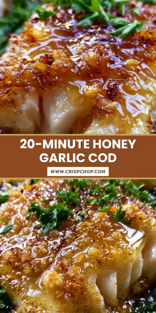 Baked Honey Garlic Cod: The Ultimate 20-Minute Sheet Pan Dinner 4 A dark grey sheet pan featuring thick Atlantic cod fillets with a glistening amber honey garlic glaze, charred asparagus, and caramelized lemon wheels. (baked honey garlic cod)