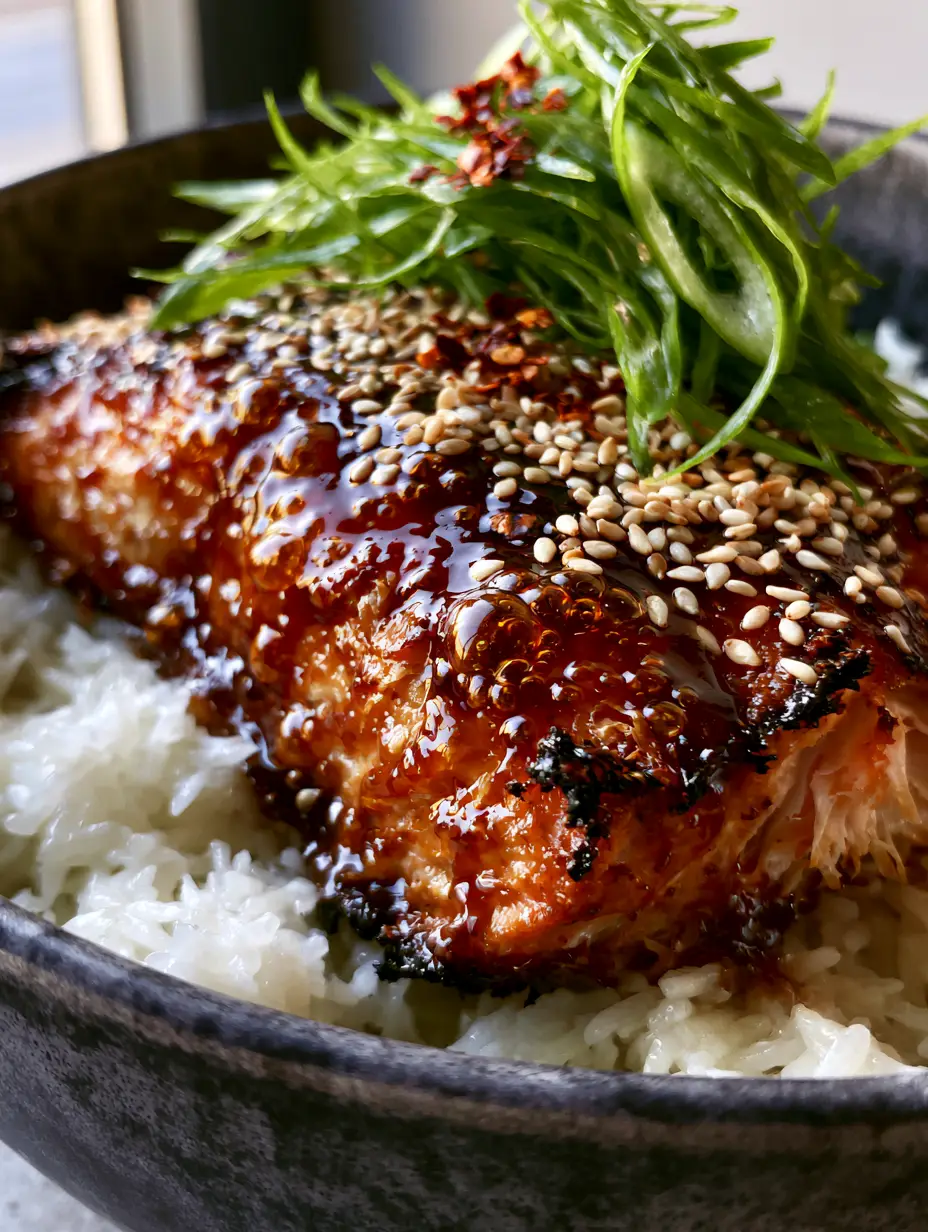 Teriyaki Salmon Recipe: Crispy Air-Fried Fillets with a Sticky Glaze 3 Extreme macro close-up of flaking salmon with caramelized teriyaki bubbles and toasted sesame seeds. (teriyaki salmon recipe)