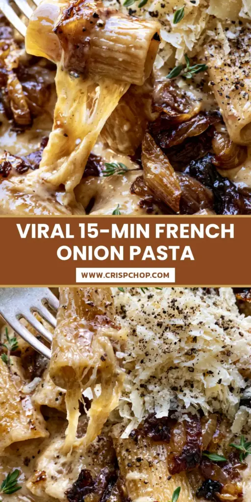 Caramelized Onion Pasta: A Creamy French Onion Rigatoni Recipe 3 A rustic bowl of Caramelized Onion Pasta with jammy balsamic onions, stringy Gruyere cheese, and fresh thyme leaves.