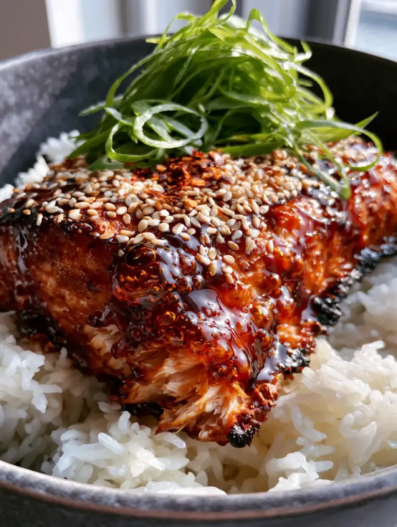 Teriyaki Salmon Recipe: Crispy Air-Fried Fillets with a Sticky Glaze 1 Seared air-fried salmon with charred edges and a mountain of vibrant green scallions. (teriyaki salmon recipe)