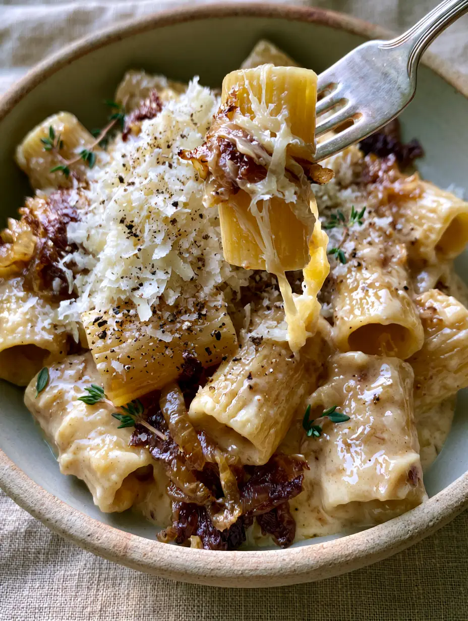Caramelized Onion Pasta: A Creamy French Onion Rigatoni Recipe 4 Close-up of rigatoni noodles in a pale-beige cream sauce with mahogany caramelized onions. (Caramelized Onion Pasta)