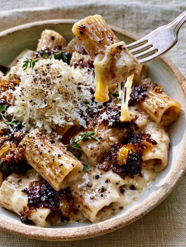 Caramelized Onion Pasta: A Creamy French Onion Rigatoni Recipe 1 A silver fork lifting a rigatoni noodle covered in melted Gruyere and glossy sauce from a bowl of Caramelized Onion Pasta.