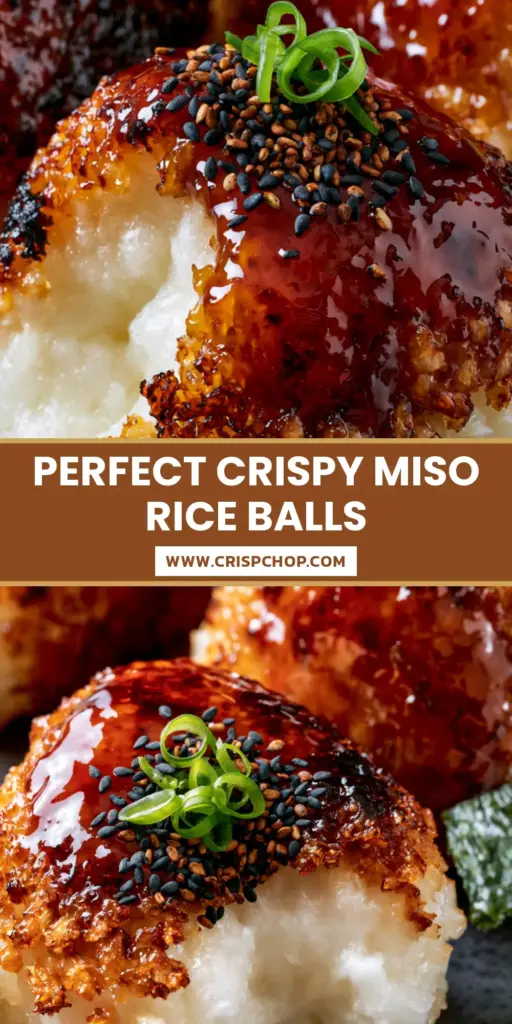 Three triangular Yaki Onigiri rice balls with a glossy amber miso glaze and charred edges on a dark ceramic plate.
