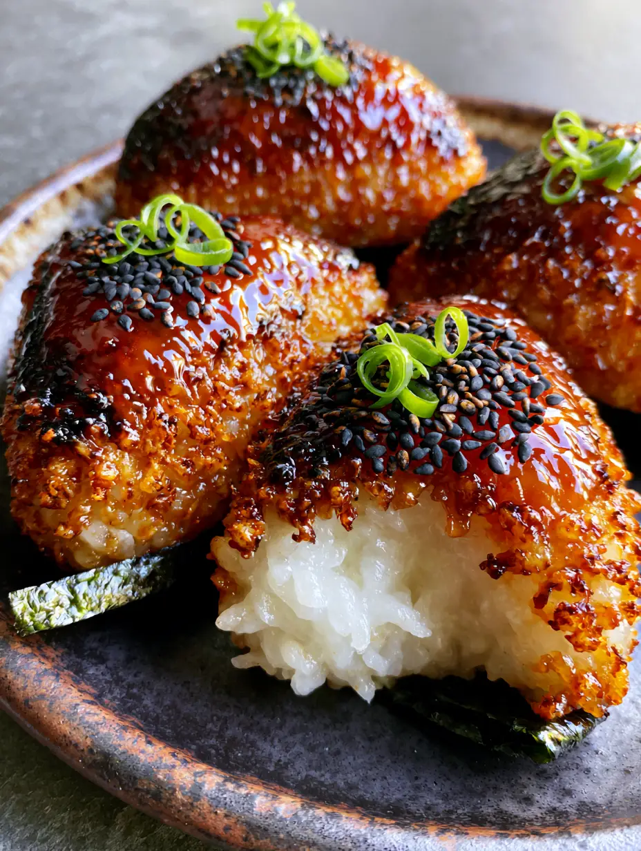Extreme close-up of Yaki Onigiri showing the texture of charred rice grains and glossy miso glaze.