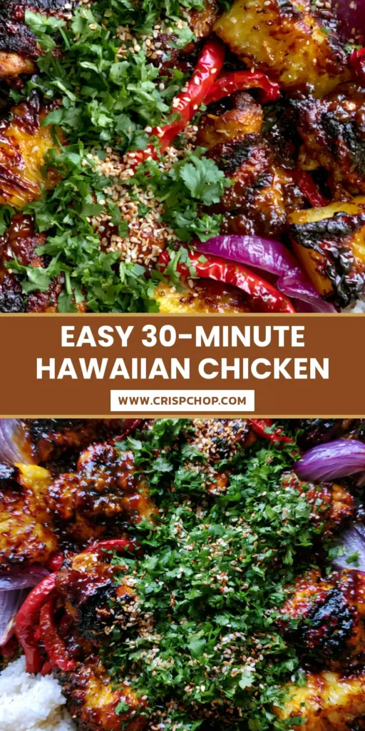 A top-down view of a rustic sheet pan filled with charred Hawaiian chicken, caramelized pineapple, and roasted red peppers. (Hawaiian chicken)