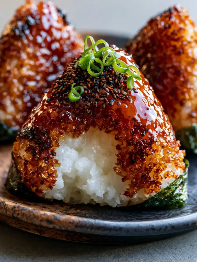 A bitten Yaki Onigiri rice ball revealing a steaming, fluffy white interior contrasted with a crispy exterior.