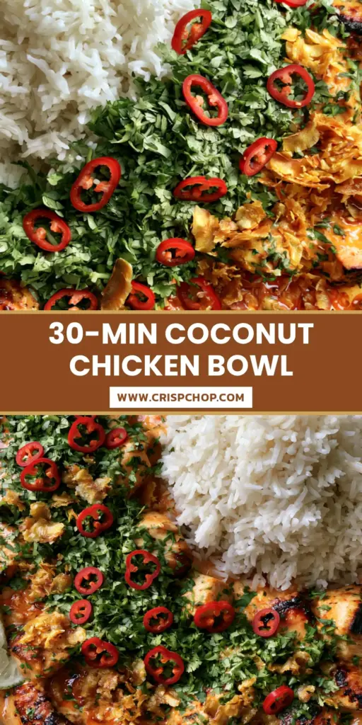 A top-down smartphone photo of a ceramic bowl featuring a Coconut Chicken Rice Bowl with charred chicken, orange-gold sauce, and fluffy rice.