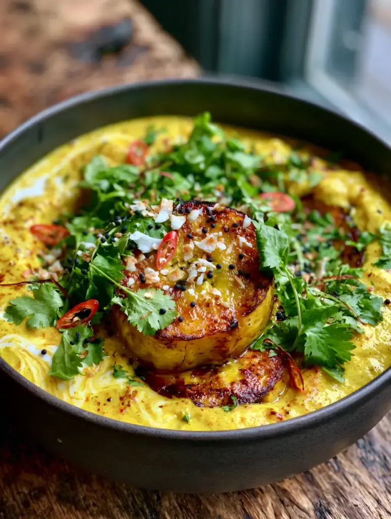 Plantain Curry with Seared Golden Rounds and Velvety Coconut Sauce 2 Close up of caramelized plantain rounds submerged in a thick yellow coconut curry sauce with cilantro garnish.