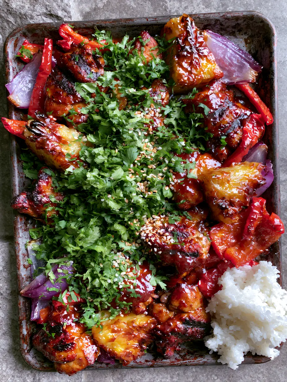 Bite-sized chicken thighs with deep sear marks and a glistening pineapple glaze on a dark metal pan. (Hawaiian chicken)