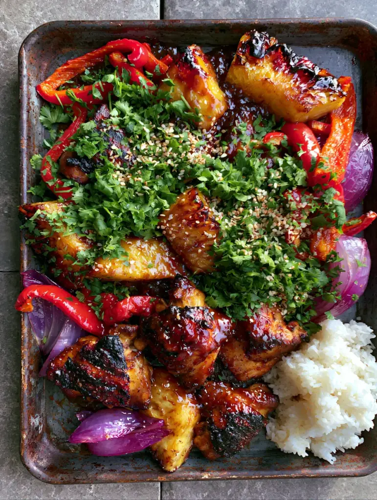 Caramelized pineapple chunks and vibrant red bell peppers roasted to perfection. (Hawaiian chicken)
