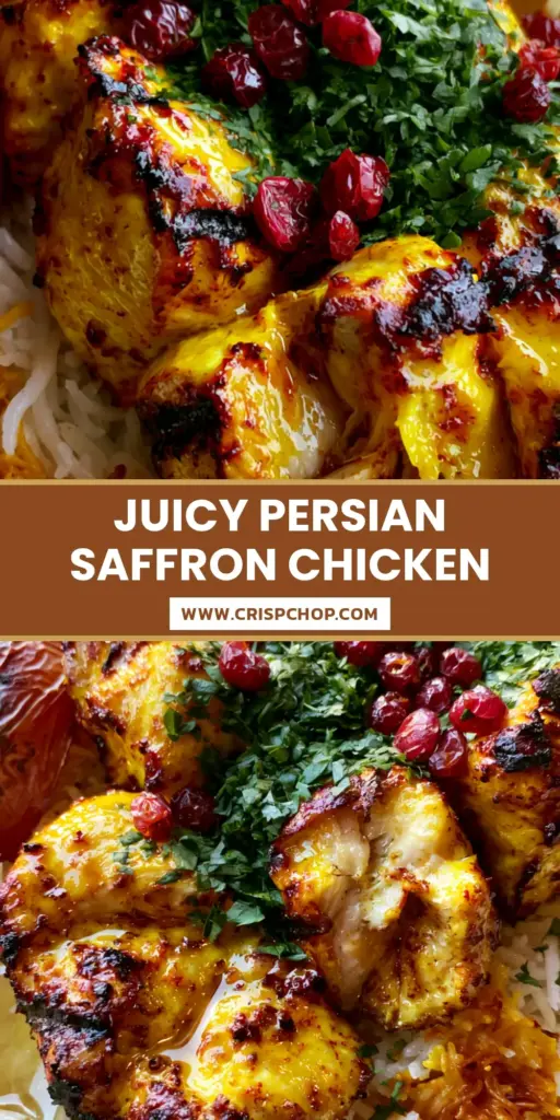 Top-down shot of Persian Saffron Chicken with charred marks, saffron rice, barberries, and a charred tomato. (Persian Saffron Chicken)