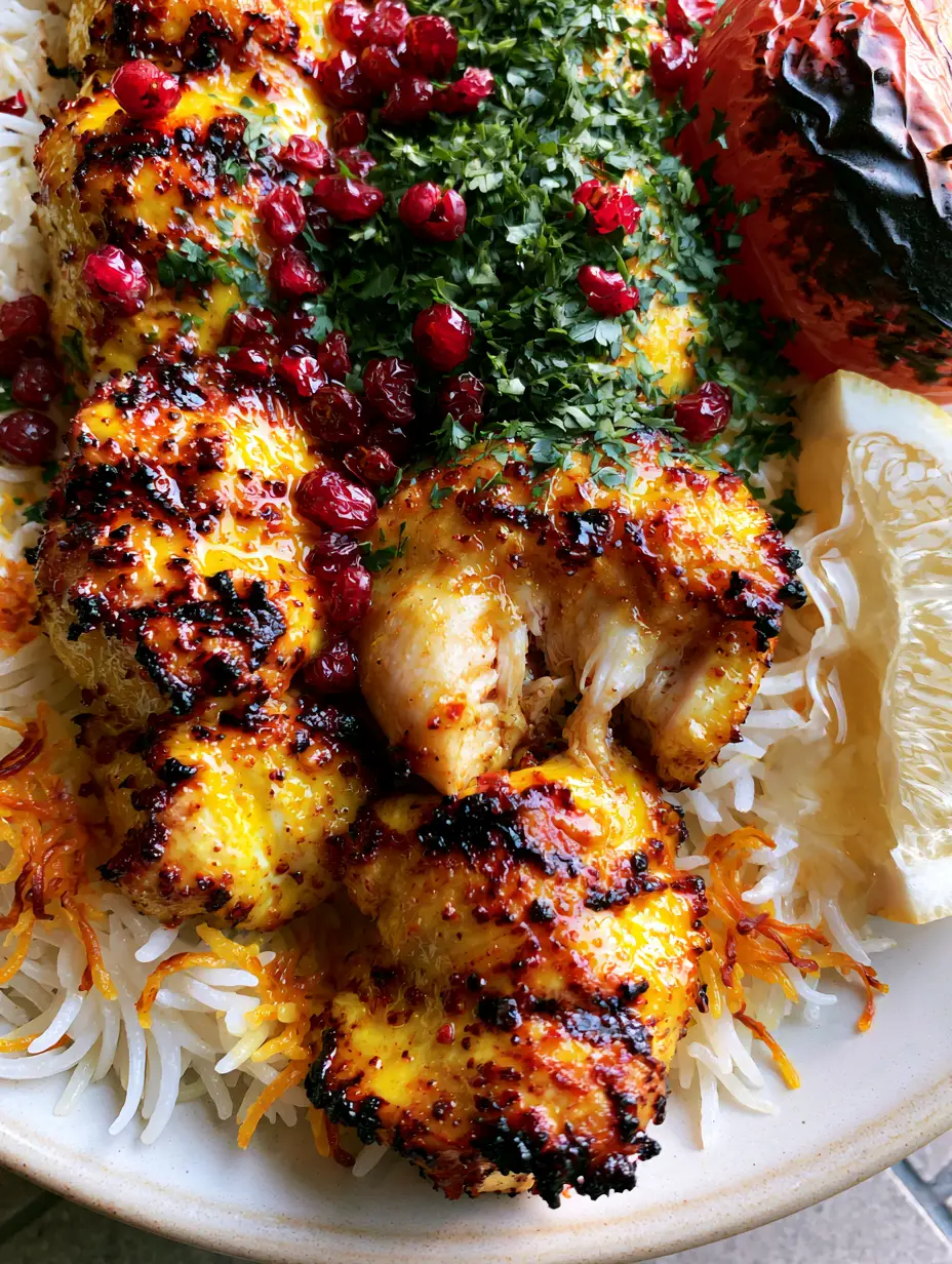 Close-up of succulent Persian Saffron Chicken chunks showing moist interior and golden yogurt marinade. (Persian Saffron Chicken)