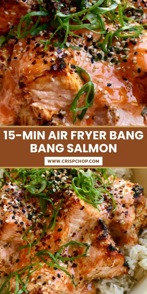 Bang Bang Salmon Recipe: Crispy Air-Fried Bites with Spicy Creamy Sauce 4 A high-angle POV of a modern ceramic bowl filled with steamed jasmine rice and air-fried Bang Bang Salmon cubes garnished with scallions and sesame seeds. (Bang Bang Salmon recipe)