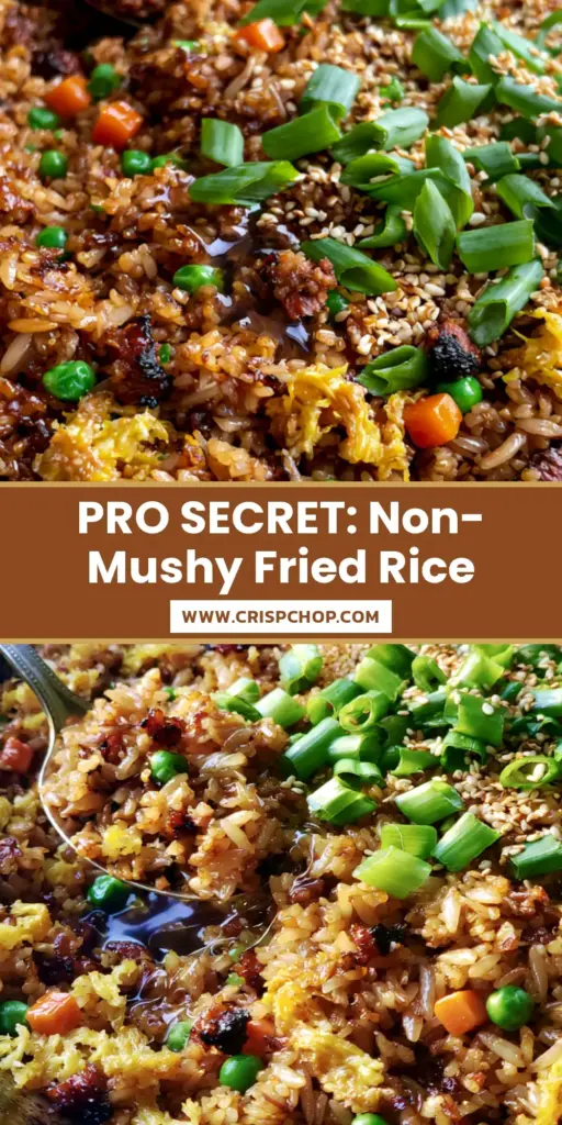A professional Pinterest pin for a fried rice recipe featuring golden toasted grains, charred char siu, and bright green peas in a black wok.