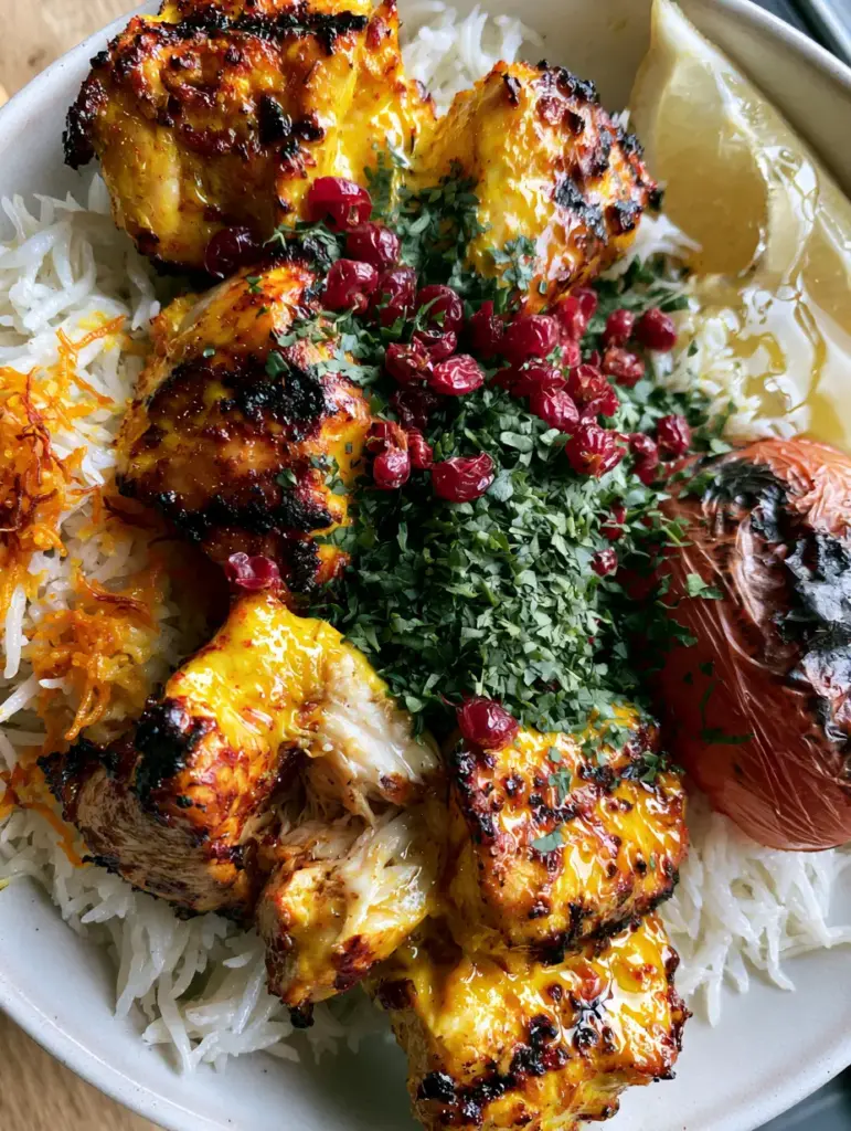 Extreme close-up of long-grain basmati rice with saffron-dyed grains and bright red barberries.