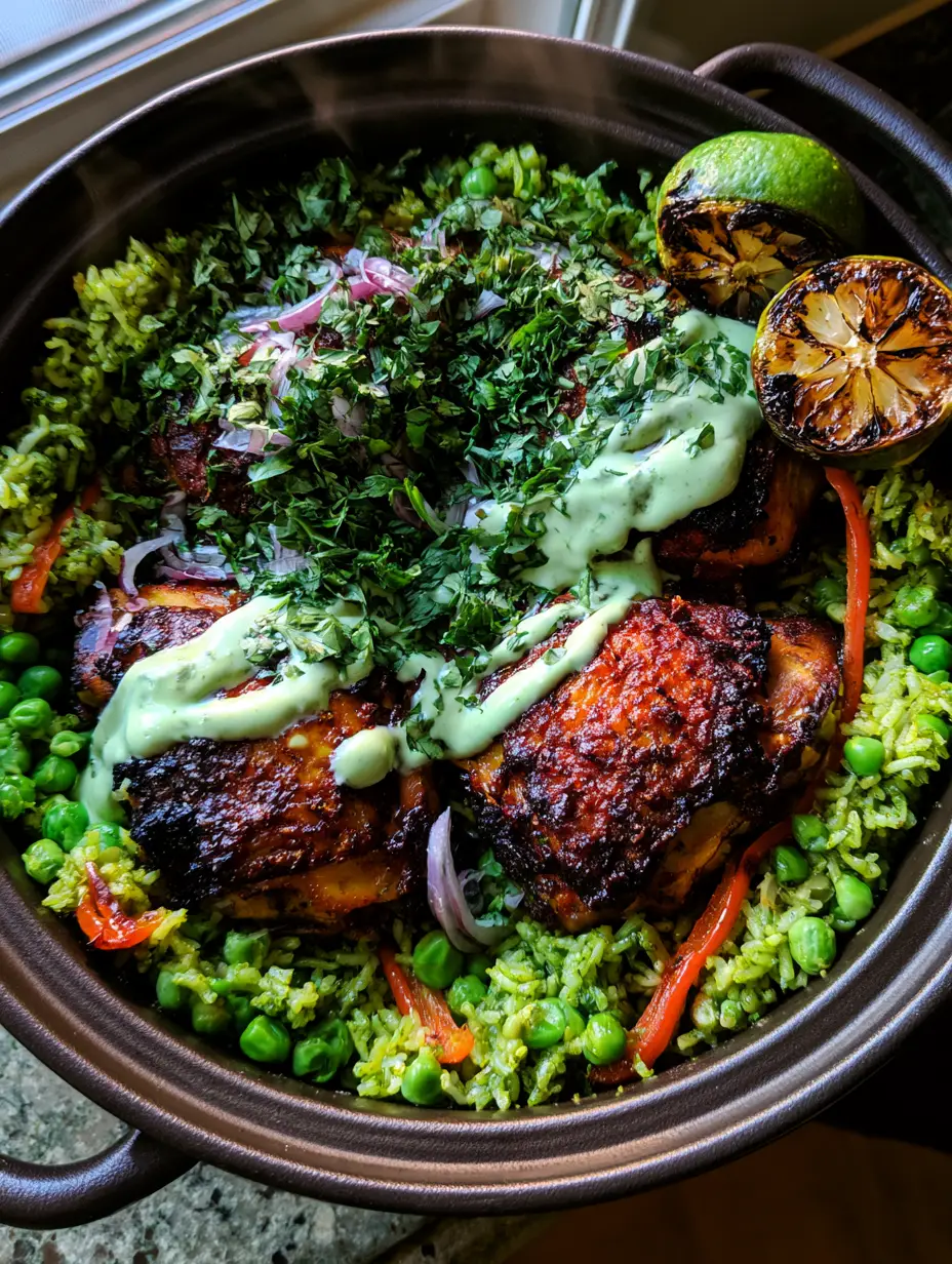 A rustic black Dutch oven containing four pieces of golden-brown chicken thighs over emerald rice with peas and red peppers. (Peruvian Chicken and Rice)