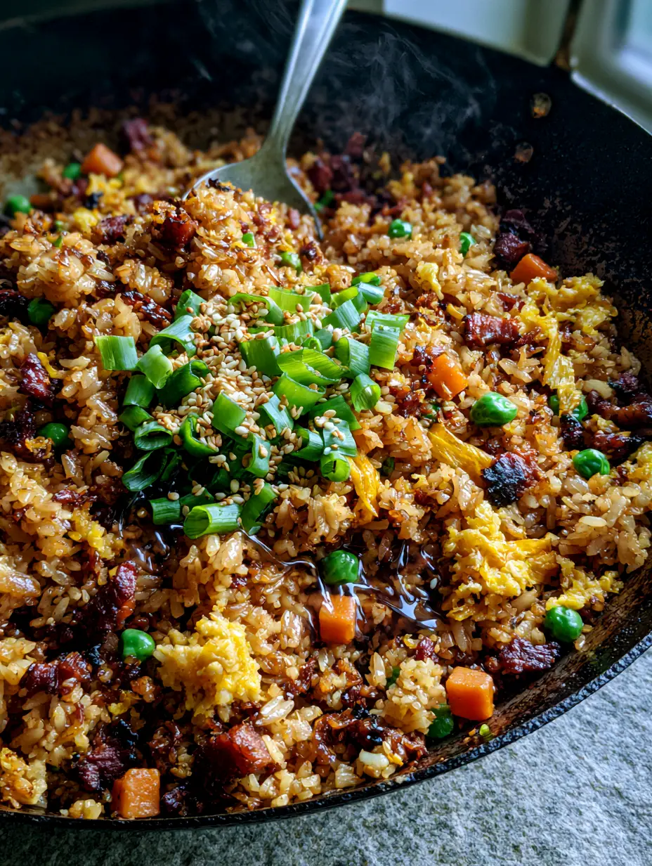 Extreme macro close-up of a fried rice recipe in a black wok showing distinct toasted jasmine grains and charred char siu pork. (fried rice recipe)
