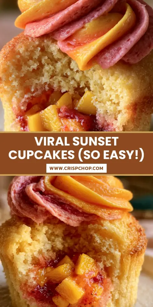 A close-up of a single mango strawberry sunset cupcake with a bite taken out, showing the fruit core and two-tone frosting swirl.