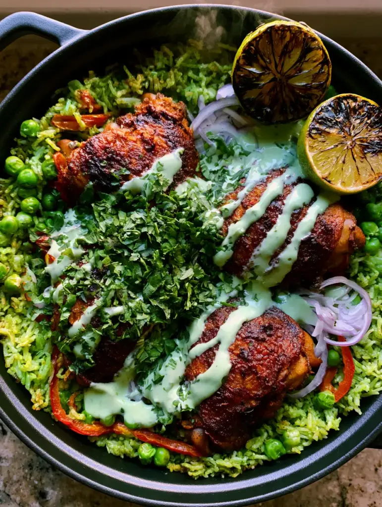 Close up of creamy Aji Verde sauce drizzled over crispy chicken thighs and green rice garnished with red onion curls.
