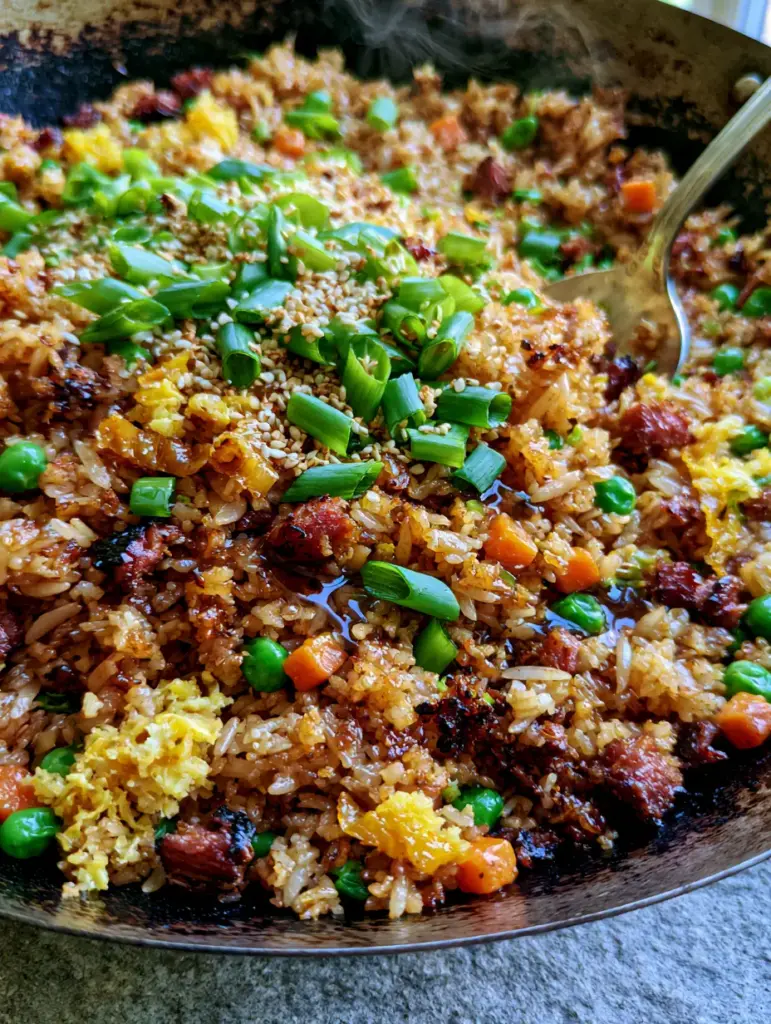 A top-down macro shot of fried rice with orange carrots, green peas, and fluffy egg ribbons glistening in a savory soy glaze.