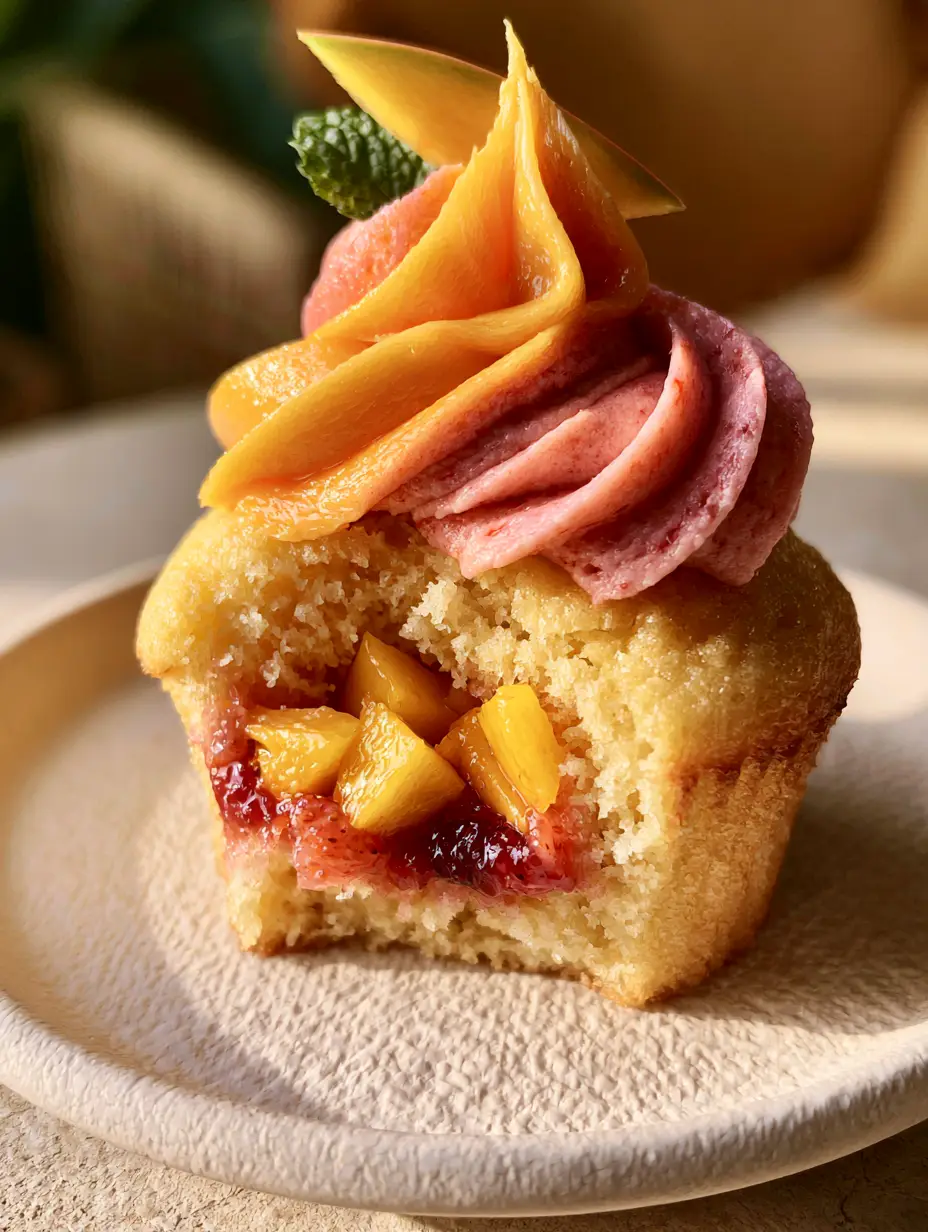 Eye-level shot of a golden vanilla cupcake with a sunset-colored buttercream swirl and fresh mint leaf garnish. (mango strawberry sunset cupcakes)