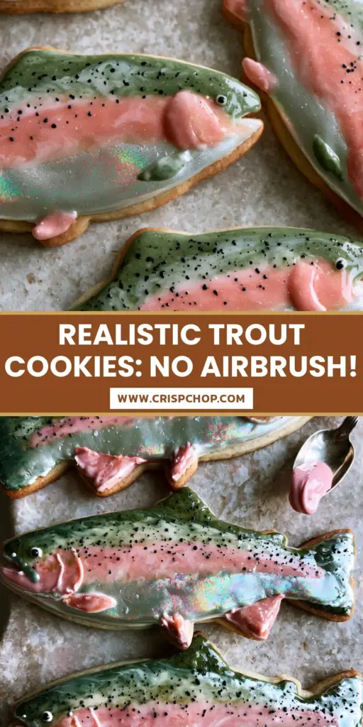 Rainbow Trout Cookies: How to Bake Artistic Fish-Shaped Sugar Cookies 4 A top-down view of realistic fish-shaped Rainbow Trout Cookies with marbled moss green and rose pink icing on a stone surface.
