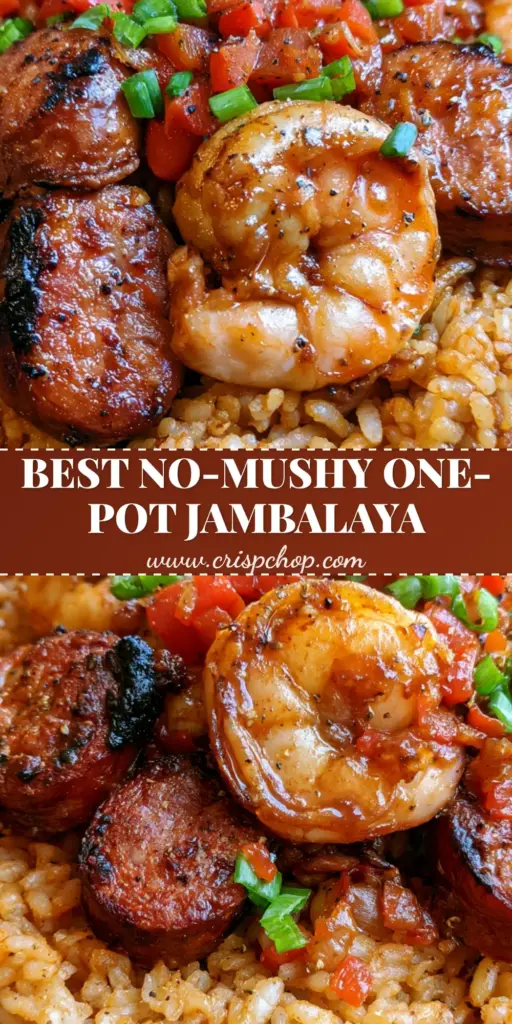 A top-down view of a rustic cast iron pot featuring fluffy reddish-gold Jambalaya rice topped with charred andouille sausage and glossy pink shrimp.