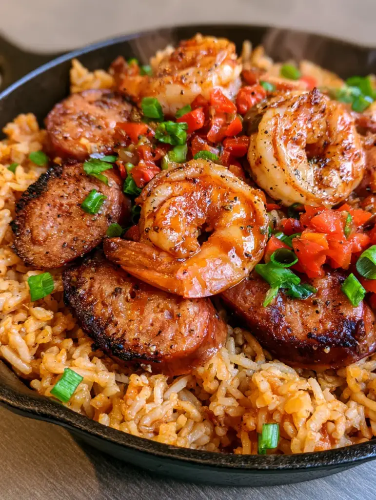 Seared thick-cut andouille sausage with charred edges resting on a bed of spiced jambalaya rice.