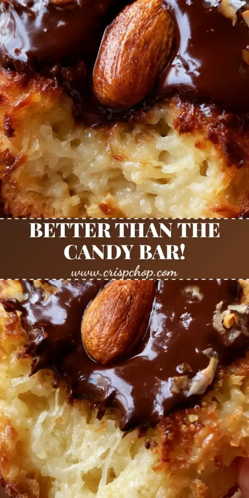 A close-up of a soft-baked Almond Joy Cookie being pulled apart, showing a gooey shredded coconut interior and dark chocolate drizzle.