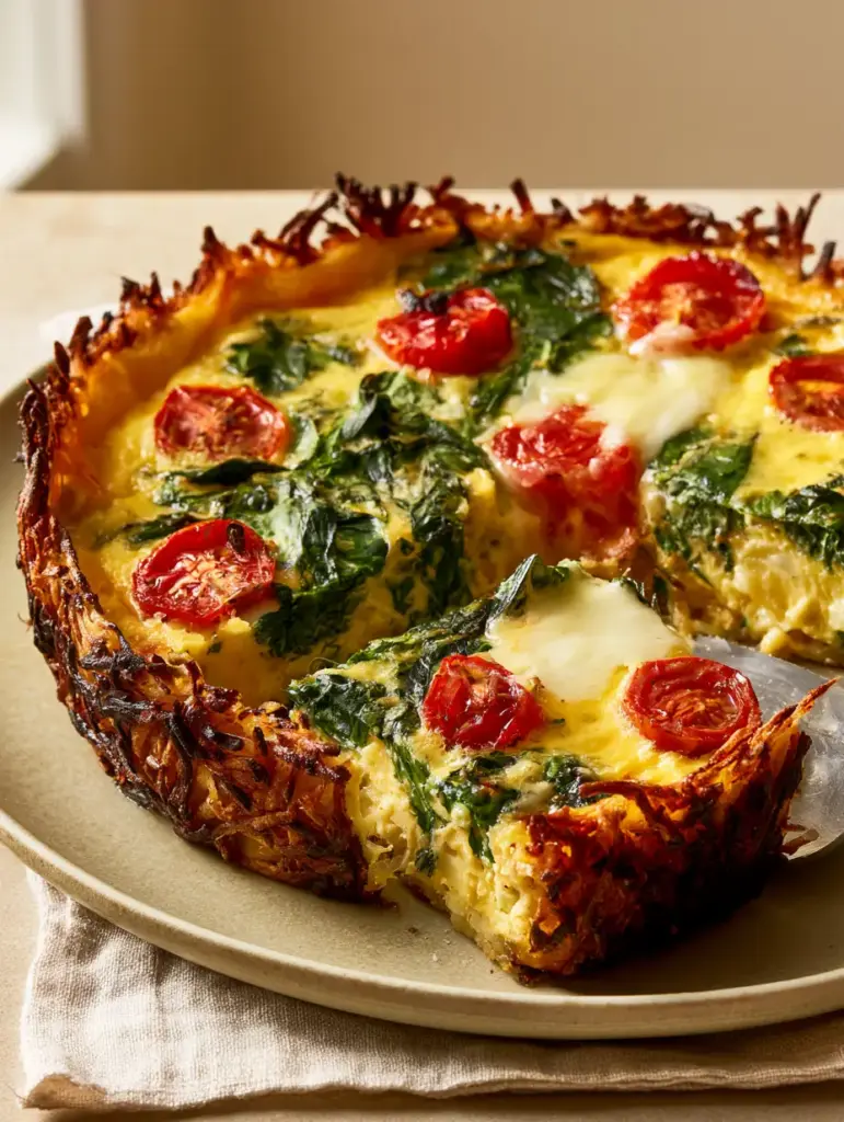 A smartphone-style photo of a deep-dish Hash Brown Crust Quiche with blistered cherry tomatoes and vibrant green spinach on a ceramic plate.