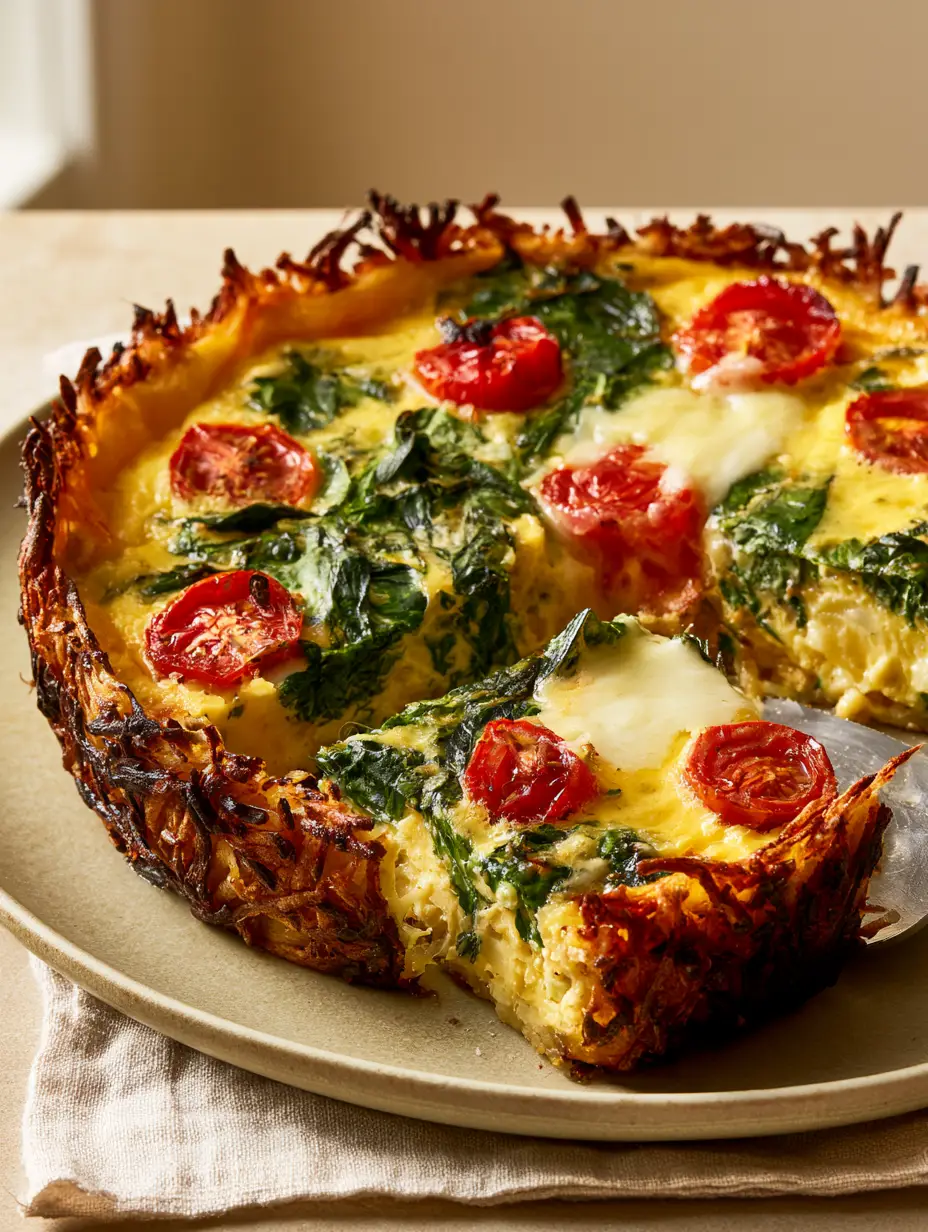 A smartphone-style photo of a deep-dish Hash Brown Crust Quiche with blistered cherry tomatoes and vibrant green spinach on a ceramic plate.