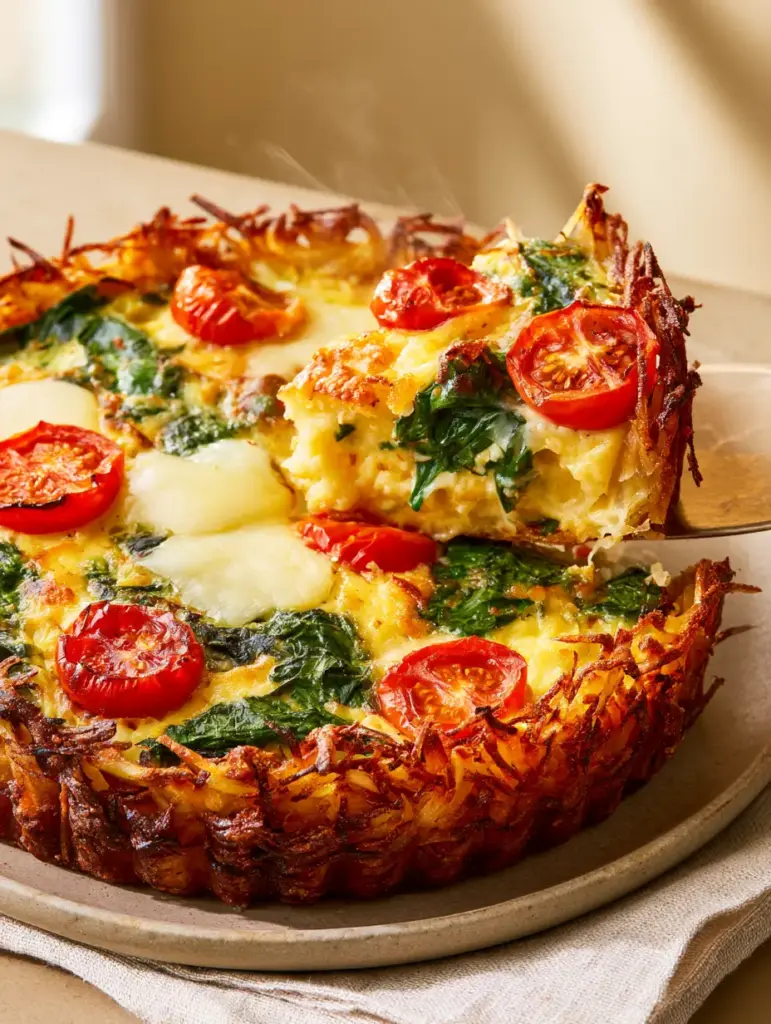 Close up of a Hash Brown Crust Quiche showing the interlaced potato strands and melted pockets of sharp white cheddar cheese.