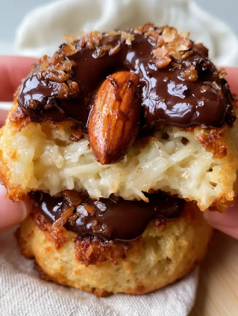 Handheld photo of an Almond Joy Cookie with a single whole toasted almond and glossy chocolate drizzle. (Almond Joy Cookies)