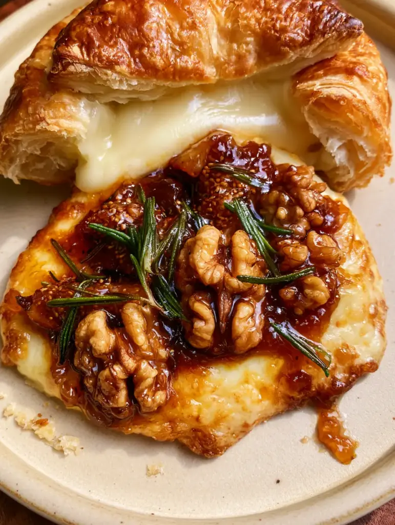 A split composition showing a 10-minute Baked Brie with a golden flaky crust being sliced open to reveal molten white cheese.