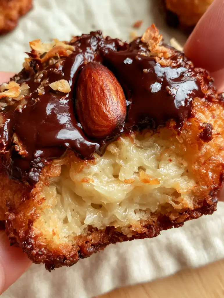 Macro shot of stretching coconut fibers inside a golden cookie dough. (Almond Joy Cookies)