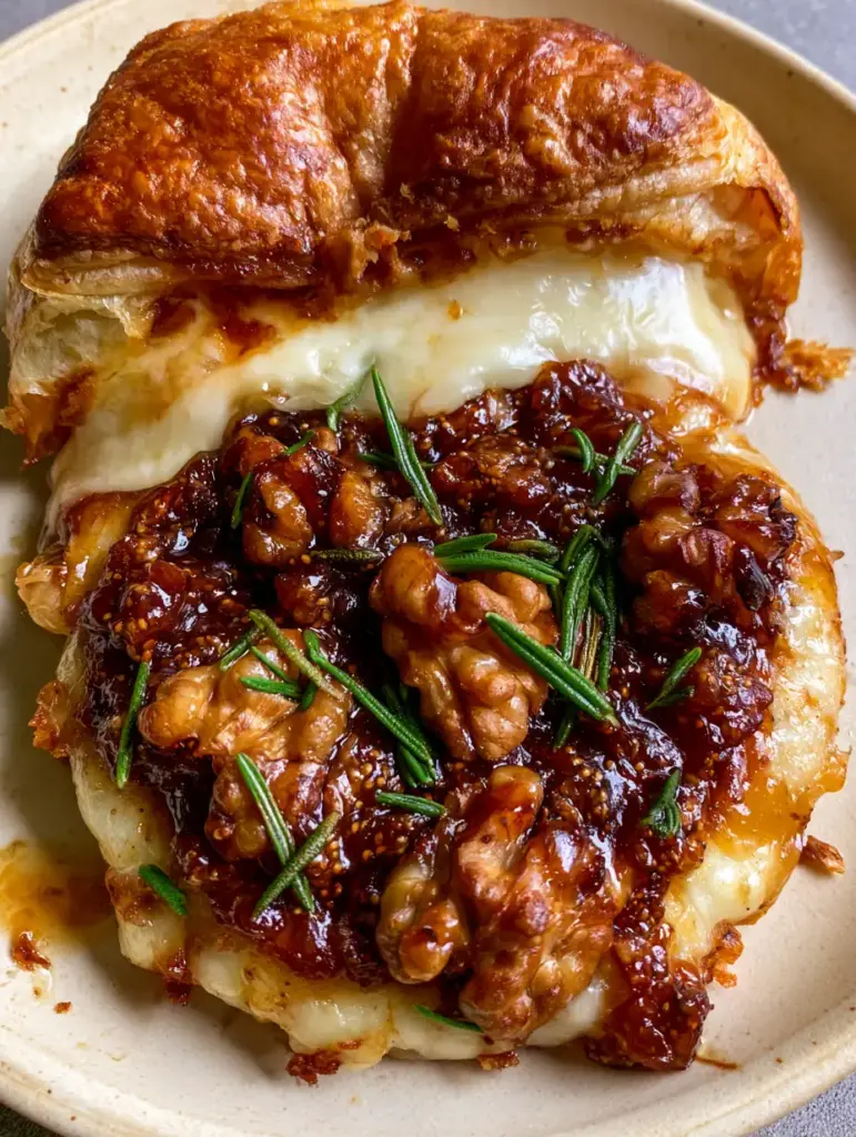 Macro close-up of Baked Brie topping with glossy amber fig jam, toasted walnut halves, and fresh rosemary sprigs.