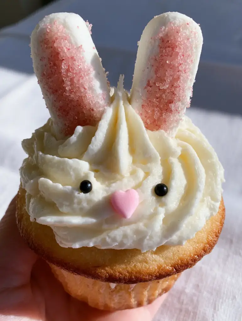 Top-down view of a Bunny Cupcake with white frosting swirls and pink marshmallow ears on a white linen tablecloth. (Bunny Cupcakes)