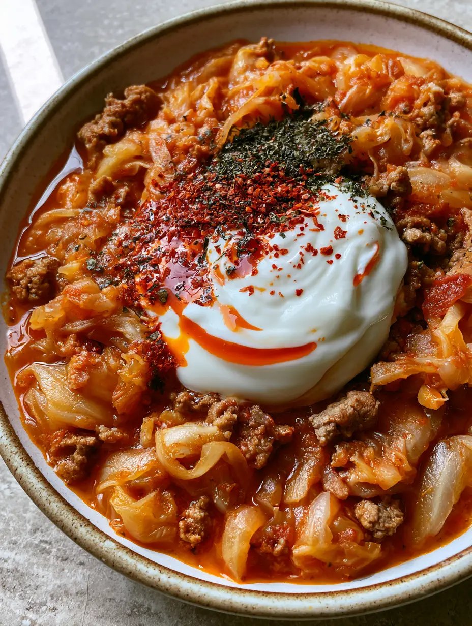 Macro top-down shot of Kapuska cabbage stew with translucent ribbons and vibrant red sauce. (Kapuska)