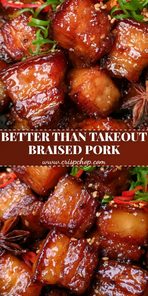 A vertical photo of Instant Pot Chinese Braised Pork belly piled in a charcoal bowl with scallion curls and chili slices.