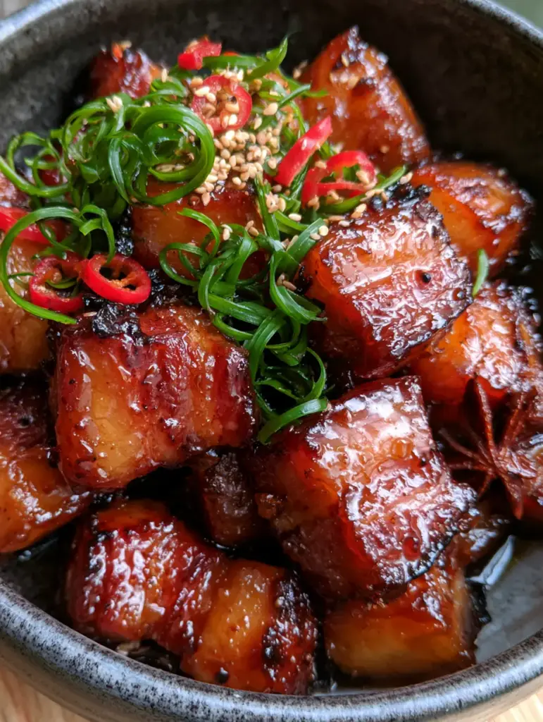Extreme macro close-up of glistening mahogany-glazed Instant Pot Chinese Braised Pork cubes with rendered fat layers.