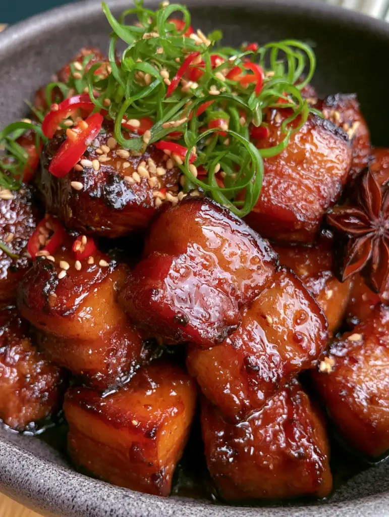 Tender cubes of pork belly in a dark bowl garnished with sesame seeds and star anise. (Instant Pot Chinese Braised Pork)
