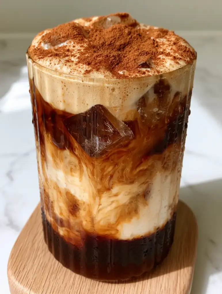 Close up of creamy tan marbling and swirls in a ribbed glass for starbucks copycat drink recipes.