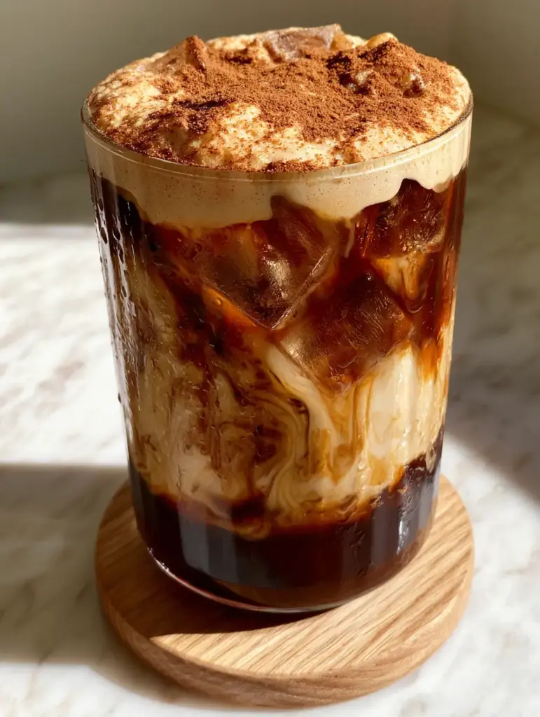 Top view of a half-inch of tan espresso foam with a heavy dusting of fine cinnamon powder.