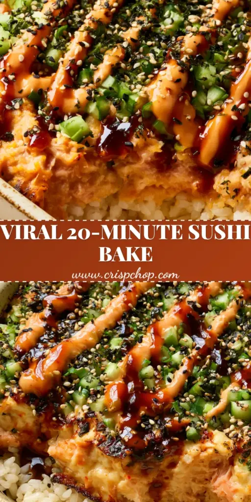 Spicy Tuna Sushi Bake: The Ultimate Creamy, Charred Comfort Dish 4 A close-up shot of a Spicy Tuna Sushi Bake in a ceramic dish with a double-helix drizzle of spicy mayo and unagi sauce.