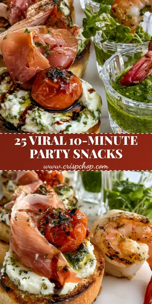 A luxury white marble platter featuring whipped feta crostini with prosciutto and blistered tomatoes alongside shrimp pesto votives. (Party Snacks)